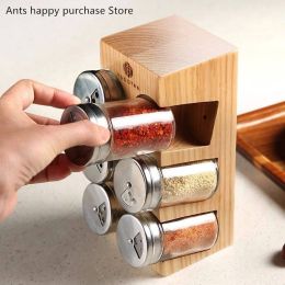 6pcs/set Wood seasoning box Spice jar set Wood seasoning bottle Spices and pepper shakers Salt tank Kitchen supplies