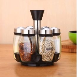 7Pcs/Set Rotating Stainless Steel Glass Cruet Condiment Spice Jars Set Salt Pepper Shakers Seasoning Sprays Cooking Kitchen Tool