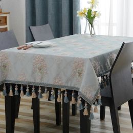 Amazing Design Embroidered Table Cloth Luxury Blue Jacquard Tassel Toalha De Mesa Royal N Linen Dinning Table Covers