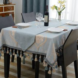 Amazing Design Embroidered Table Cloth Luxury Blue Precise Tassel Toalha De Mesa Euro Royal Style Linen Dinning Table Covers