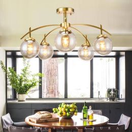 American Copper Living Room Ceiling Lamp Nordic Modern Simple Bedroom Restaurant Glass Lampshade Home Deco Light Fixtures
