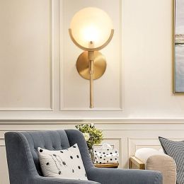 American Simple Copper Bedroom Bedside LED Wall Lamp Northern Europe Living Room Aisle Stairs Deco Glass Wall Light Fixtures