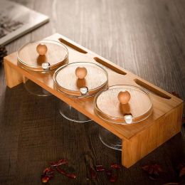 Bamboo pallet Spice Jars Glass Spice Transparent Condiments Jars Salt Jars Seasoning Pepper Cans Creative Seasoning Pot Sets
