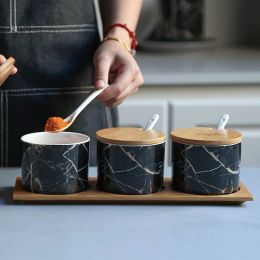 Bamboo Wood Ceramics Condiment marble Spice Jars Sauce pot Set Salt Pepper Shakers Seasoning Sprays Cooking Kitchen Tool