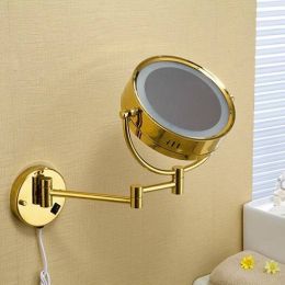 Bath Mirror 8&amp;quot; Round Wall Cosmetic Mirrors 3x 1x Magnifying Mirrors LED Brass Golden Folding Bathroom Makeup Light Mirror 1559