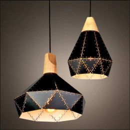 Black white iron retro pendant lamps wood&amp;amp;metal diamond lampshade industrial hanging light cafe/dining/living room light fixtrue