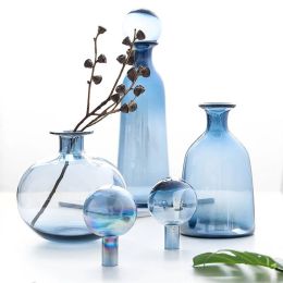 Blue Glass Vase Creative Flower Decoration Decoration Home Decoration Hydroponic Vase With Spherical Cover