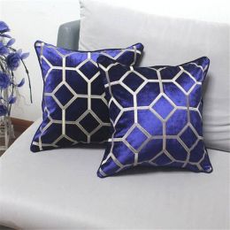 Blue White Houndstooth Ultra-velvet Elegant Embroidery Decorative Throw Pillowcase Sofa Chair Modernist Geometric Cushion Cover