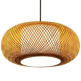 Wood Pendant Lamps Hand Knitted Bamboo Rattan LED Pendant Lights  Fixture Rustic Tatami Hanging Lamps  Dining
