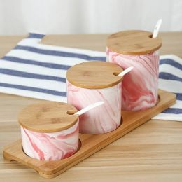 ceramic seasoning pot Kitchen Tools Gadgets Salt Sugar bowl Canister spice jar Herb Spice Tools Ceramic jar Bamboo box