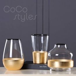 InsFashion super luxury clear glass vase with brass base for high-class hotel decor and flower arrangement use