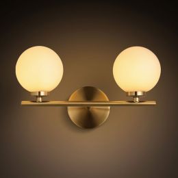 Contemporary 2-Light Minimalist Milky White Globe Glass Shade Wall Sconce Vanity Light in Gold
