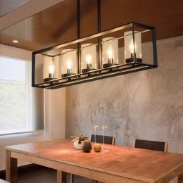 Contemporary Black Metal Frame 5-Light Kitchen Island Linear Pendant Light with Clear Glass Shade