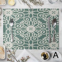 Contemporary Minimalist Design Rectangle Washable Placemats Geometric Pattern Cotton Linen in White &amp;amp; Green Set of 6