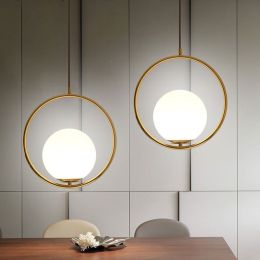 Contemporary Minimalist Metal Ring Globe Glass Shade Single Light in Gold Pendant Light