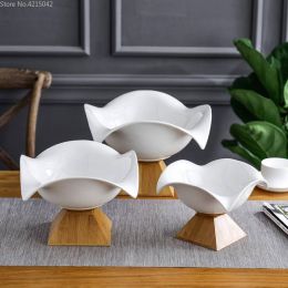 Creative ceramic fruit bowl large fruit bowl Nordic household modern living room snacks storage basket bamboo base ceramic plate