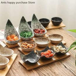 Creative ceramic fruit platter With tray Dried fruit / dessert Partition dish / sauce seasoning dish natural bamboo board