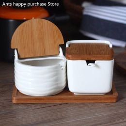 Creative Ceramic Seasoning Cans with Spoon Bamboo Cover Round Salt Kitchen Spice Tools Pepper Shaker Storage Box with Tray