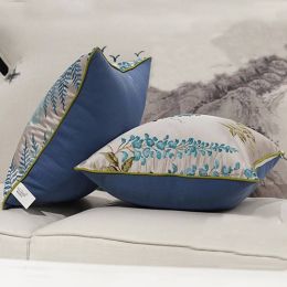 Dark Blue Noble Cushion Cover Leaf Embroidery Cojines Decorativos Para Sofa Pillow Cover Decorative Pillows Housse De Coussin