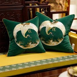 Dark Green Cushion Cover Crane Soar Embroidery Pillow Cover Peaceful Cloud Throw Pillows Cojines Decorativos Para Sofa Cushions