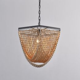 Dowa French Country Wood Beaded Cascade 1-Light Pendant Light with Metal Frame in Black/Distressed White/Gold