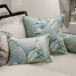 Elegant Landscape Cushion Cover Embroidery Pillow Cover Grey Green Yellow Beige Cojines Decorativos Para Sofa Housse De Coussin