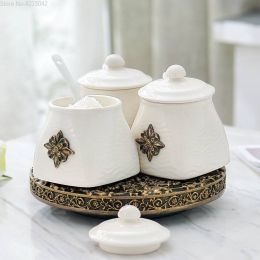 European Kitchen Rotating Seasoning Jar Ceramic Set Creative Combination 3piece Kitchen Supplies Oil Salt Tank Seasoning Box