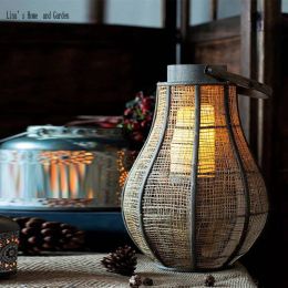 farmhouse antique handmade wood candle lantern with linen