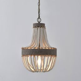 Farmhouse Rustic 1-Light / 3-Light Wood Beaded Distressed White Pendant Light Brown Iron Ceiling Light