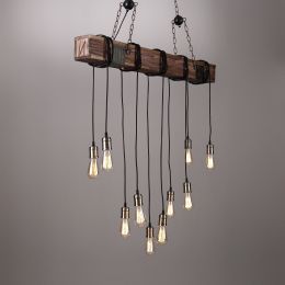 Farmhouse Style Dark Distressed Wood Beam Large Linear Island Pendant Light 10 Edison Bulbs