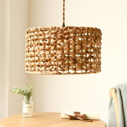 Farmhouse Style Rattan 1-Light Pedant Light Drum Ceiling Light in Walnut Finish