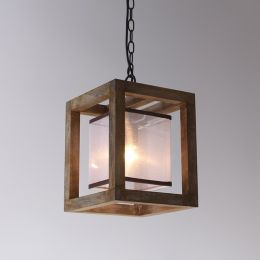 Farmhouse Style Weathered Wood White Fabric Shade 1-Light Square Lantern Pendant Light