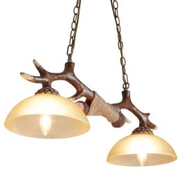 Faux Antler Horn Two-Light Island-Style Glass Shade Chain Suspended Pendant Light