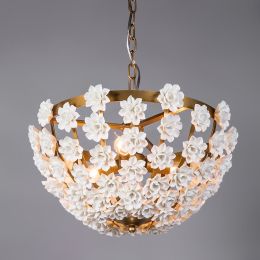 Faye Feminine Pure White Porcelain Flower 3-Light Blossomy Pendant Light in Distressed Gold