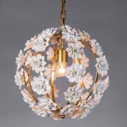 Faye Modern White Ceramic Flowers 1-Light Wrought Iron Globe Pendant Light in Gold Finish