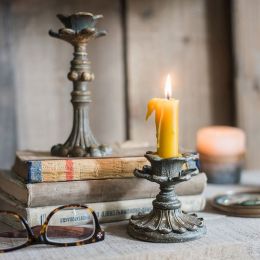 French Nostalgic Floral Resin Candle Holder Three Pieces Distressed Pedestal Pillar Candlestick in Antique Bronze Set of 3