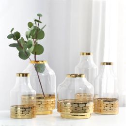 Glass Vase Gold Metal Circle Decor Home Decor Crystal Flower Vases Wedding Party Gift