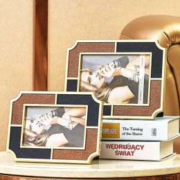 Golden Light Luxury Blue Brown Leather Photo Frame European  Metal Photo Frame 6 Inch 7 Inch
