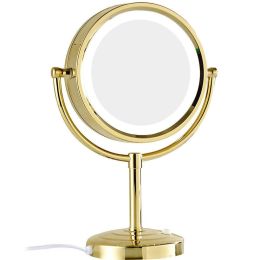 10x/1x Magnification Makeup Mirror with LED Lights Double Side Round Crystal Glass Standing Mirror Gold Finish M2208DJ