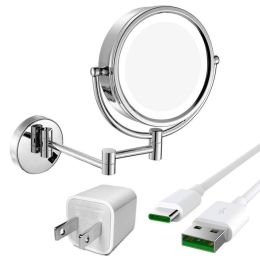 LED Lighted Wall Mount bath Vanity Makeup Mirror with 10X Magnification,Cordless USB Rechargeable, Chrome Polished