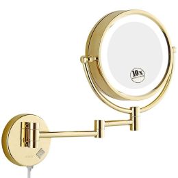 Shaving Makeup Mirrors with LED Lights and 10x/1X Magnification Wall Mounted Bathroom Vanity Lighted Gold Mirrors 8.5&amp;quot;
