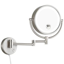 Wall Mounted Double Sided Lighted Magnification Makeup Mirror with three color lights mode, Electrical Plug, Extension Arm