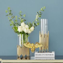 Home Decoration Metal Glass Vase Flower Arrangement Countertop Simulation Decorative Vase