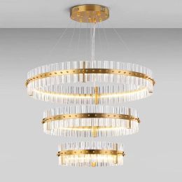 Home Gold led circle pendant light hanging crystal Bar light fixture for Foyer Hotel Lobby round Led strip crystal pendant lamp