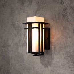 Industrial Loft Matte Black Metal Frame Lantern 1-Light Indoor / Outdoor Wall Light with Frosted Glass Shade Small/Medium/Large