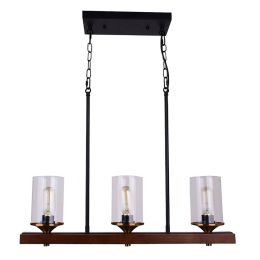 Industrial Loft Wood Beam 3-Light Island Linear Pendant Light with Clear Glass Shade Black Metal