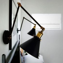 Industrial Retro Double Swing Arm Lamp 1-Light Metal Tapered Shade Wall Sconce in Black&amp;amp;Brass
