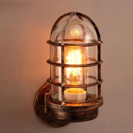Industrial Rust Metal Cage Single Light Wall Lamp with Clear Glass Shade