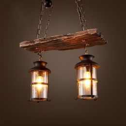 Industrial Rustic 2-Light/3-Light Wood Beam Antique Black Metal Glass Lantern Pendant Light