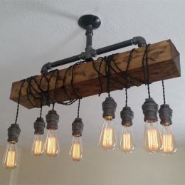 Industrial Rustic 8-Light Wood Beam Plumbing Pipe Hanging Exposed Bulb Metal Island Pendant Light